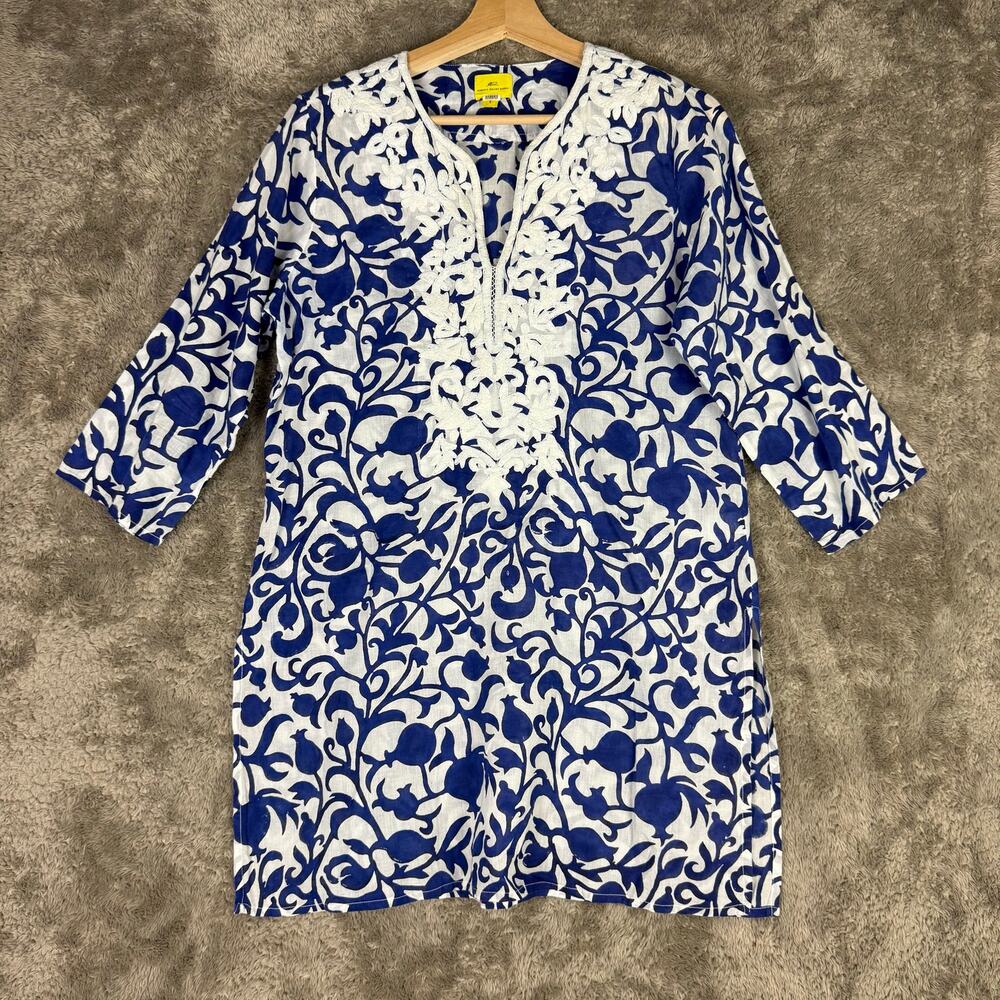 Roberta Roller Rabbit Blue White Kurta Tunic Embroider Swim Cover Up S Cotton